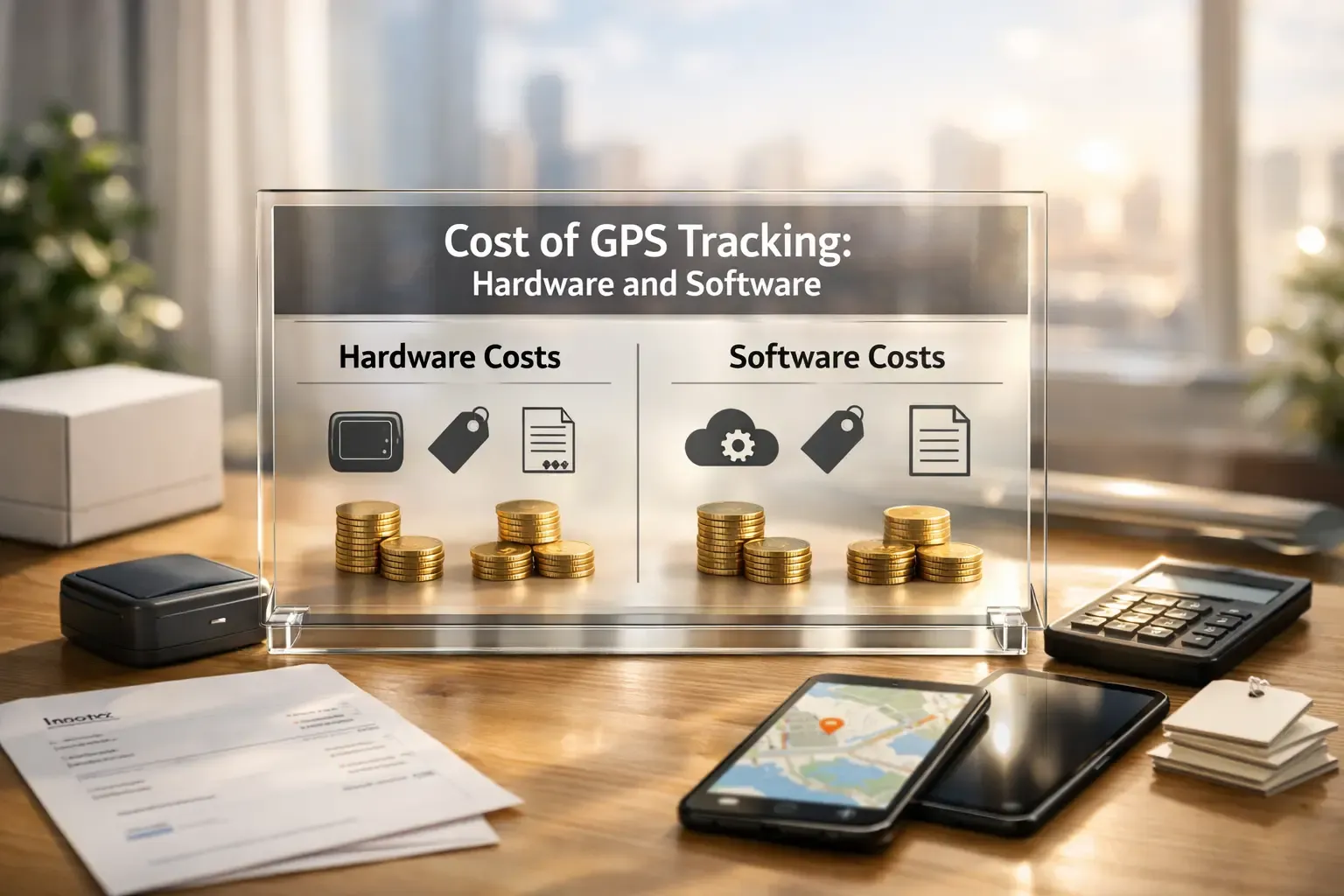 Cost of GPS tracking hardware vs software comparison with coins and devices